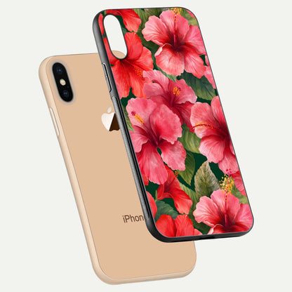 Hibiscus Pattern Glass Case for iPhone Xs Max floating dual-view mockup showing glossy texture and vivid color depth
