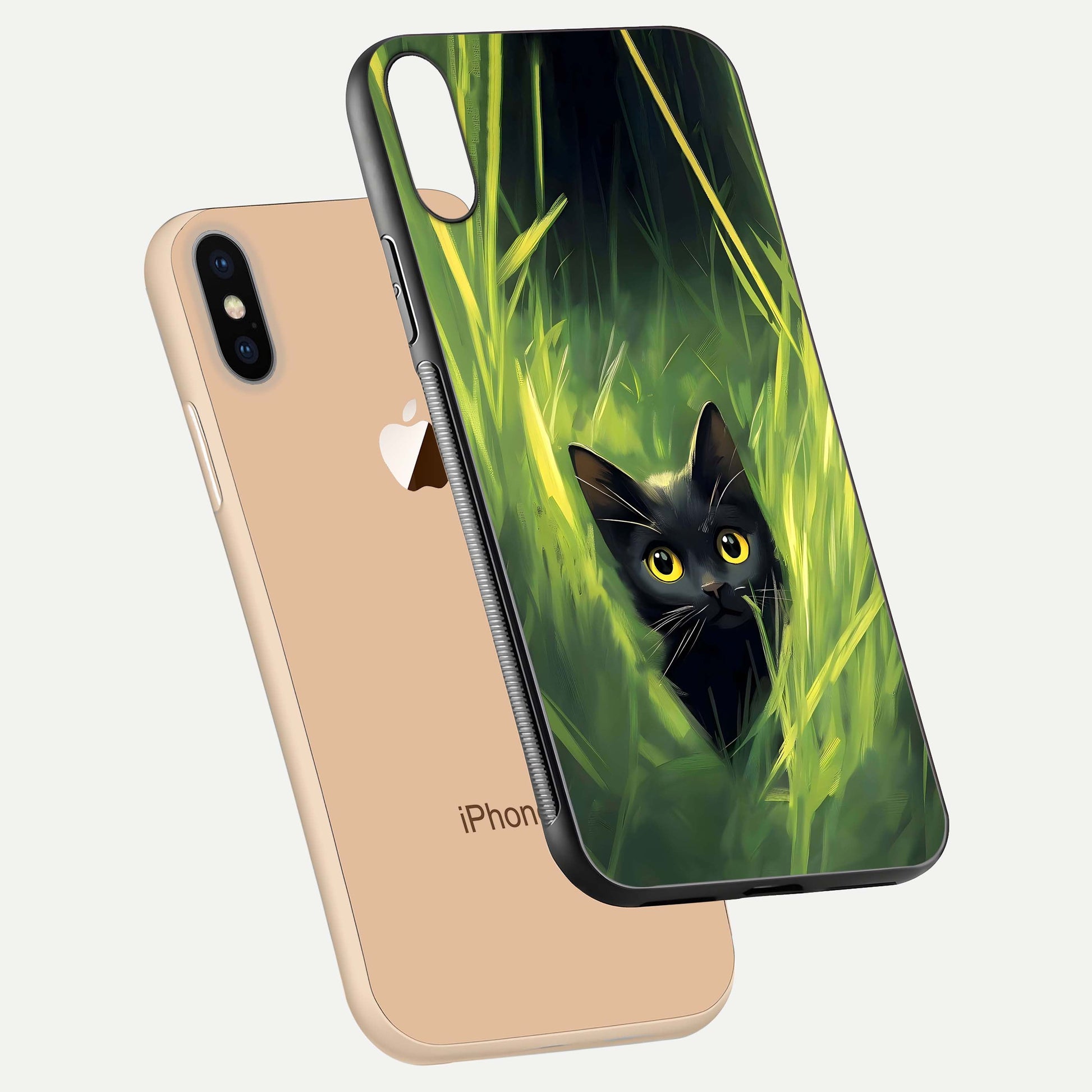 Hidden Cat Whisper Glass Case for iPhone Xs Max floating dual-view mockup showing glossy tone and elegant cat silhouette