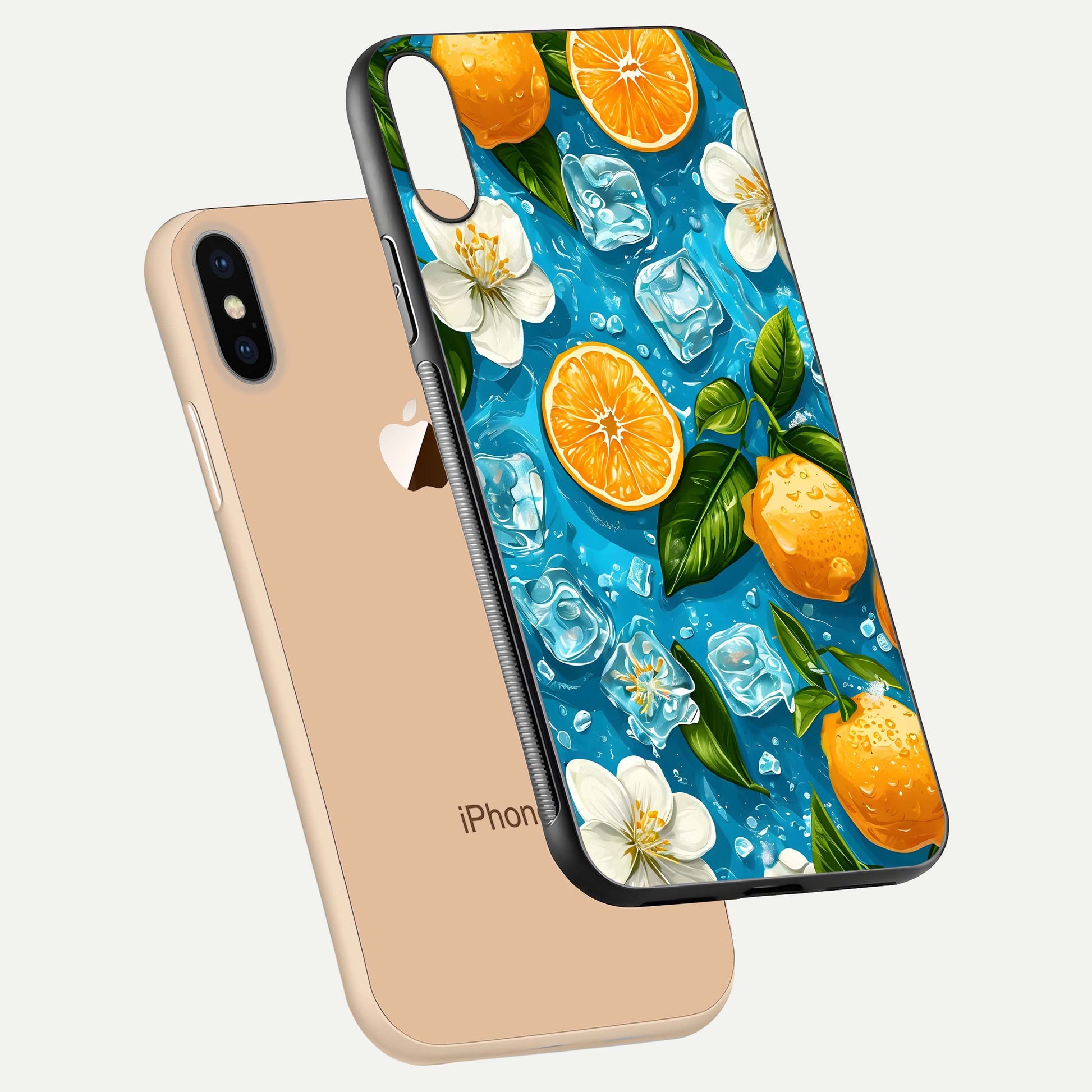 Ice Cube With Orange Glass Case for iPhone Xs Max floating dual-view mockup showing glossy shine and cool refreshing tone