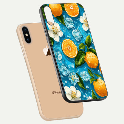 Ice Cube With Orange Glass Case for iPhone Xs Max floating dual-view mockup showing glossy shine and cool refreshing tone