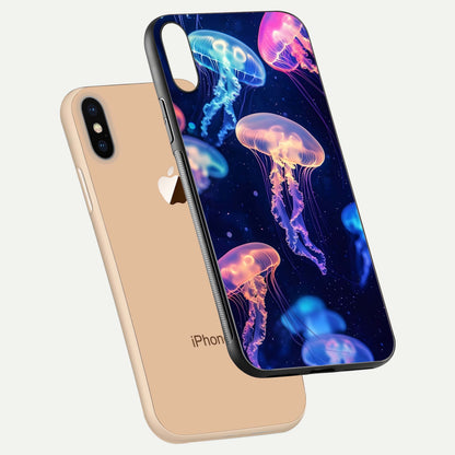 Jellyfish Pattern Glass Case for iPhone Xs Max floating dual-view mockup showing gloss texture and oceanic depth