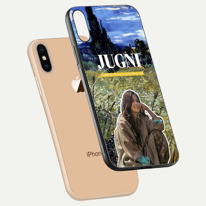 Jugni Soul Vibes Glass Case for iPhone Xs Max floating dual-view mockup showing gloss surface and vivid design style