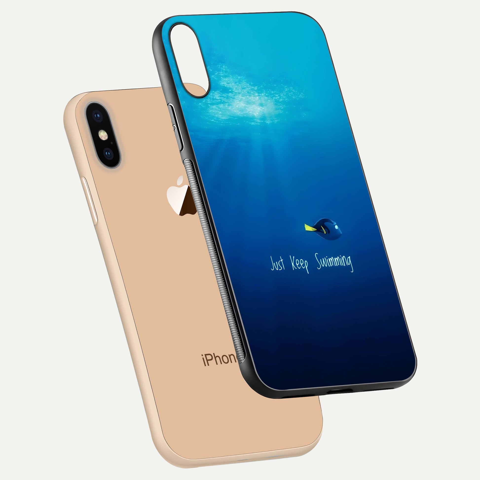 Just Keep Swimming Glass Case for iPhone Xs Max floating dual-view mockup showing gloss brightness and wave motif