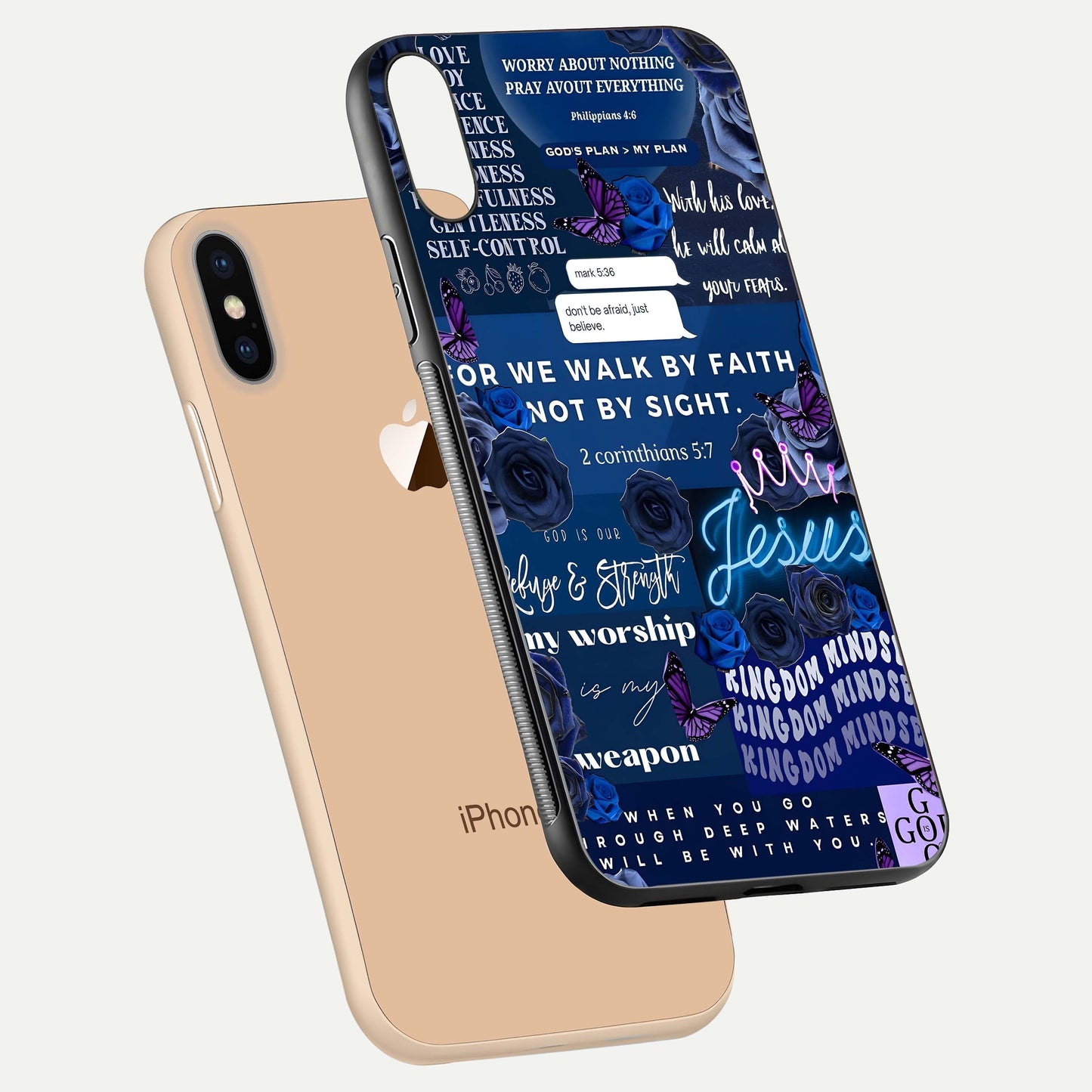 Kingdom Faith Glow Glass Case for iPhone Xs Max floating dual-view mockup showing premium gloss and golden aura