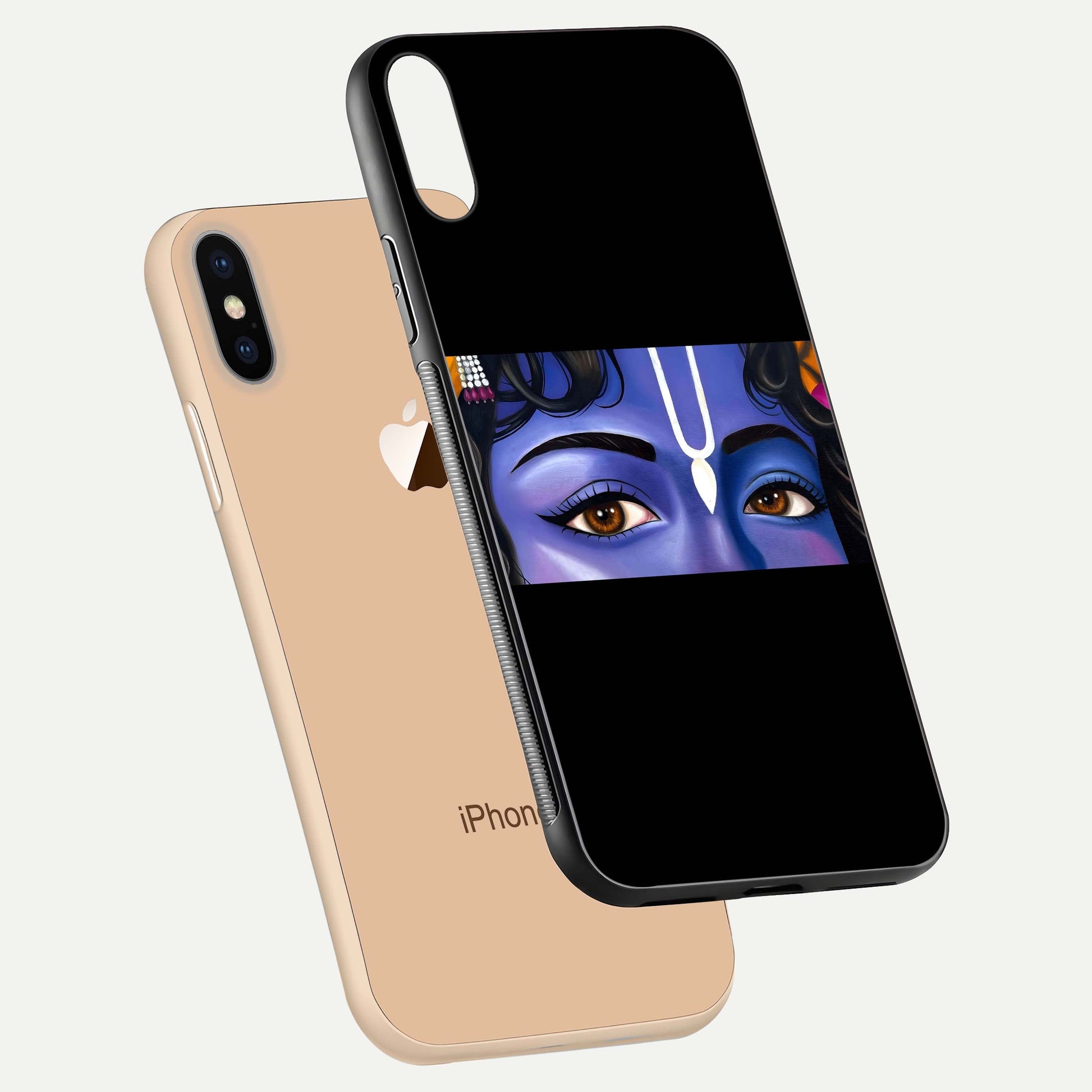 Krishna Eye Glass Case for iPhone Xs Max floating dual-view mockup showing gloss surface and divine art depth