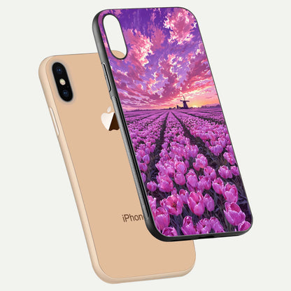 Lavender Dream Skies Glass Case for iPhone Xs Max floating dual-view mockup showing gloss polish and pastel design