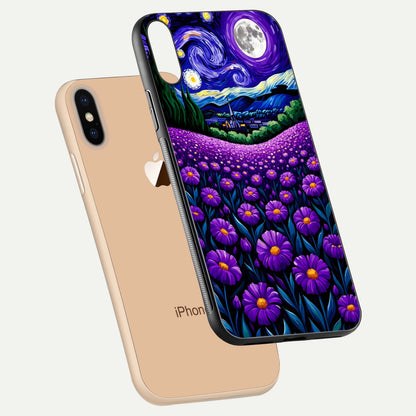 Lavender Moon Field Glass Case for iPhone Xs Max floating dual-view mockup showing gloss surface and floral glow