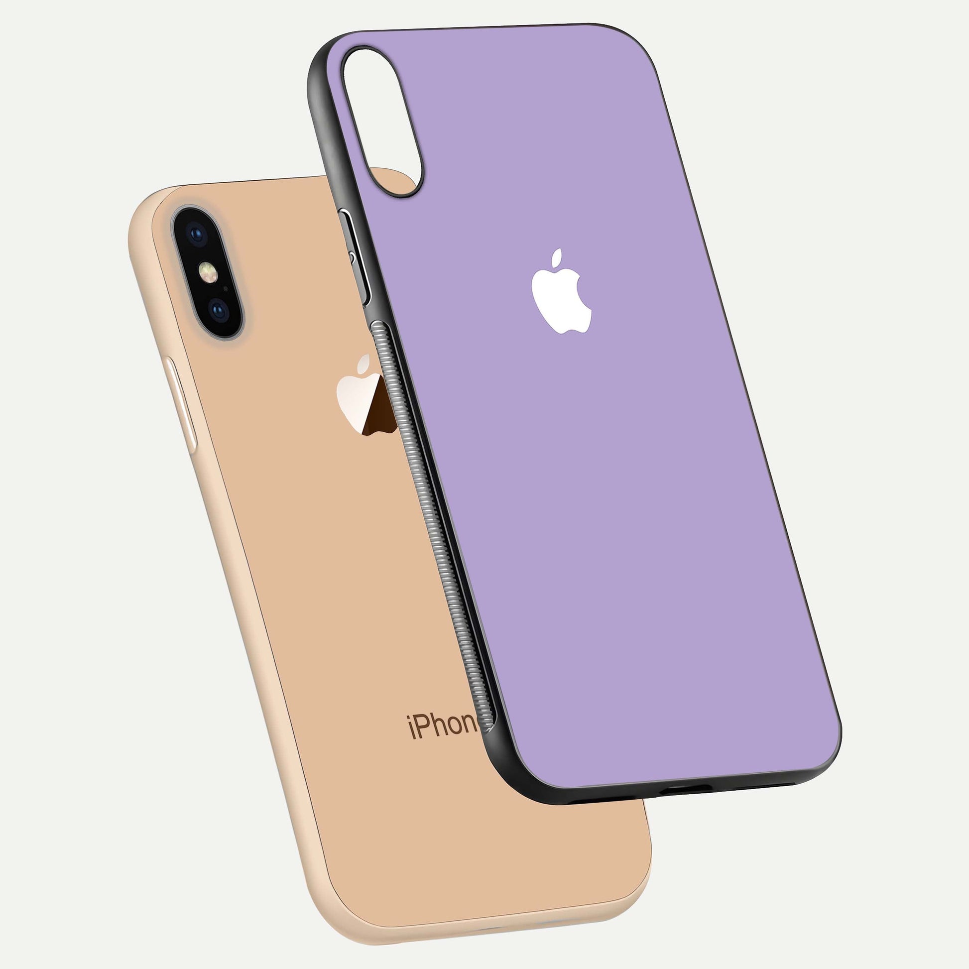 Lavender Soft Minimal Glass Case for iPhone Xs Max floating dual-view mockup showing gloss reflection and pastel tone