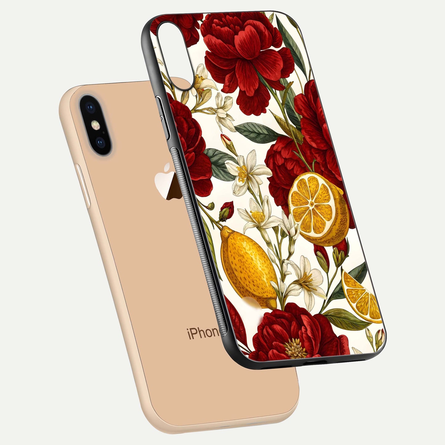 Lemon Rose Charm Glass Case for iPhone Xs Max floating dual-view mockup showing gloss polish and floral gradient