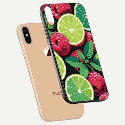 Lime and Raspberry Pattern Glass Case for iPhone Xs Max floating dual-view showing HD gloss and vivid print