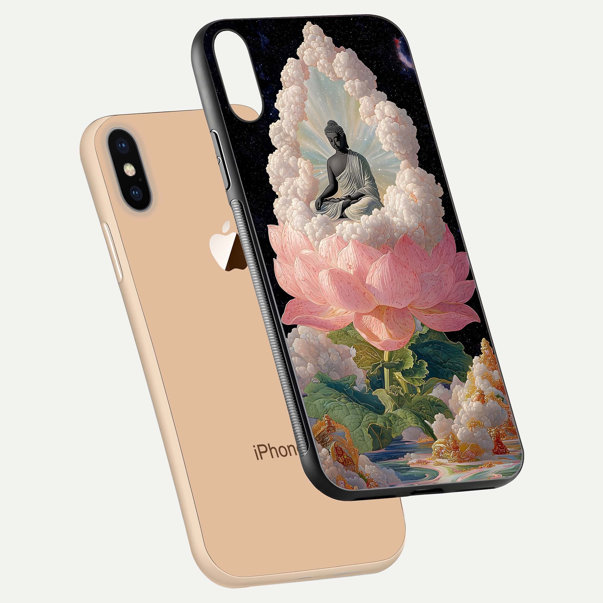 Lotus Divine Peace Glass Case for iPhone Xs Max floating dual-view mockup with glass glow and spiritual calm art