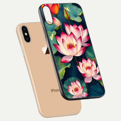 Lotus Dream Serenity Glass Case for iPhone Xs Max floating dual-view mockup highlighting HD gloss glow