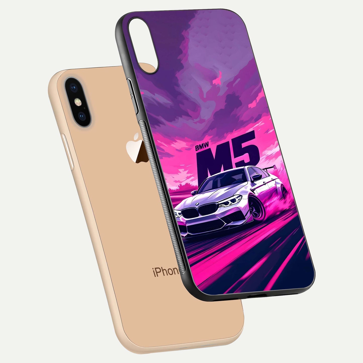 MS Neon Car Glass Case for iPhone Xs Max floating dual-view mockup showing HD gloss and electric color tones