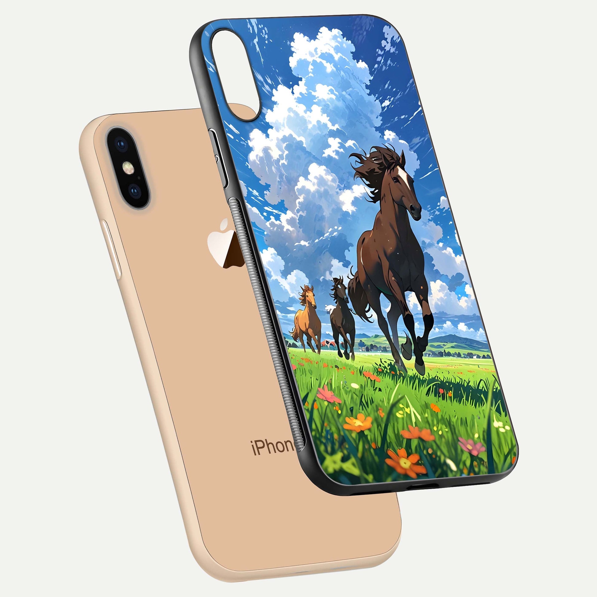 Majestic Horses Galloping Glass Case for iPhone Xs Max floating dual-view mockup showing gloss texture and vivid tones
