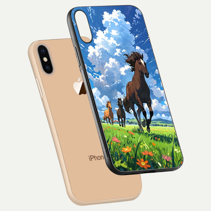 Majestic Horses Galloping Glass Case for iPhone Xs Max floating dual-view mockup showing gloss texture and vivid tones