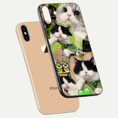 Matcha Cats Mood Glass Case for iPhone Xs Max floating dual-view mockup showing HD gloss surface and soft tones