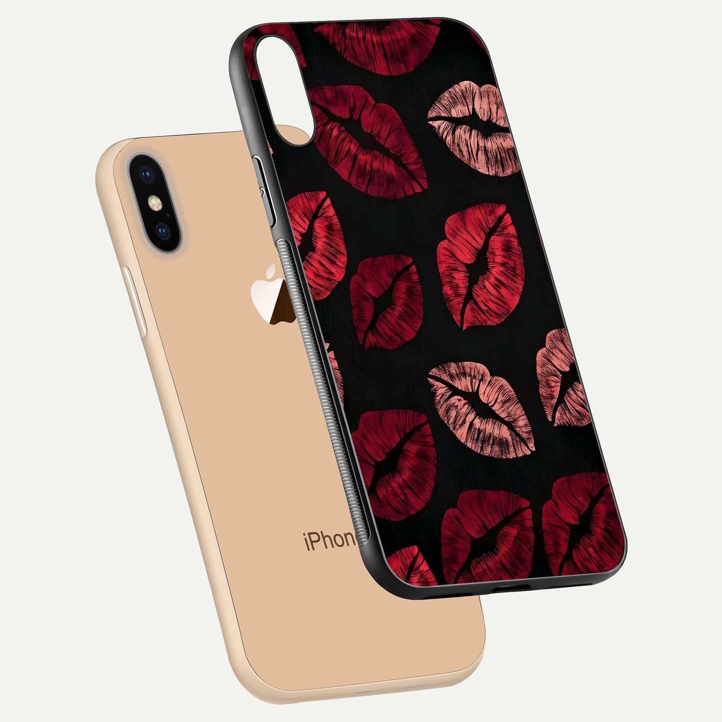 Midnight Kiss Love Glass Case for iPhone Xs Max floating dual-view mockup showing HD gloss and elegant edge design