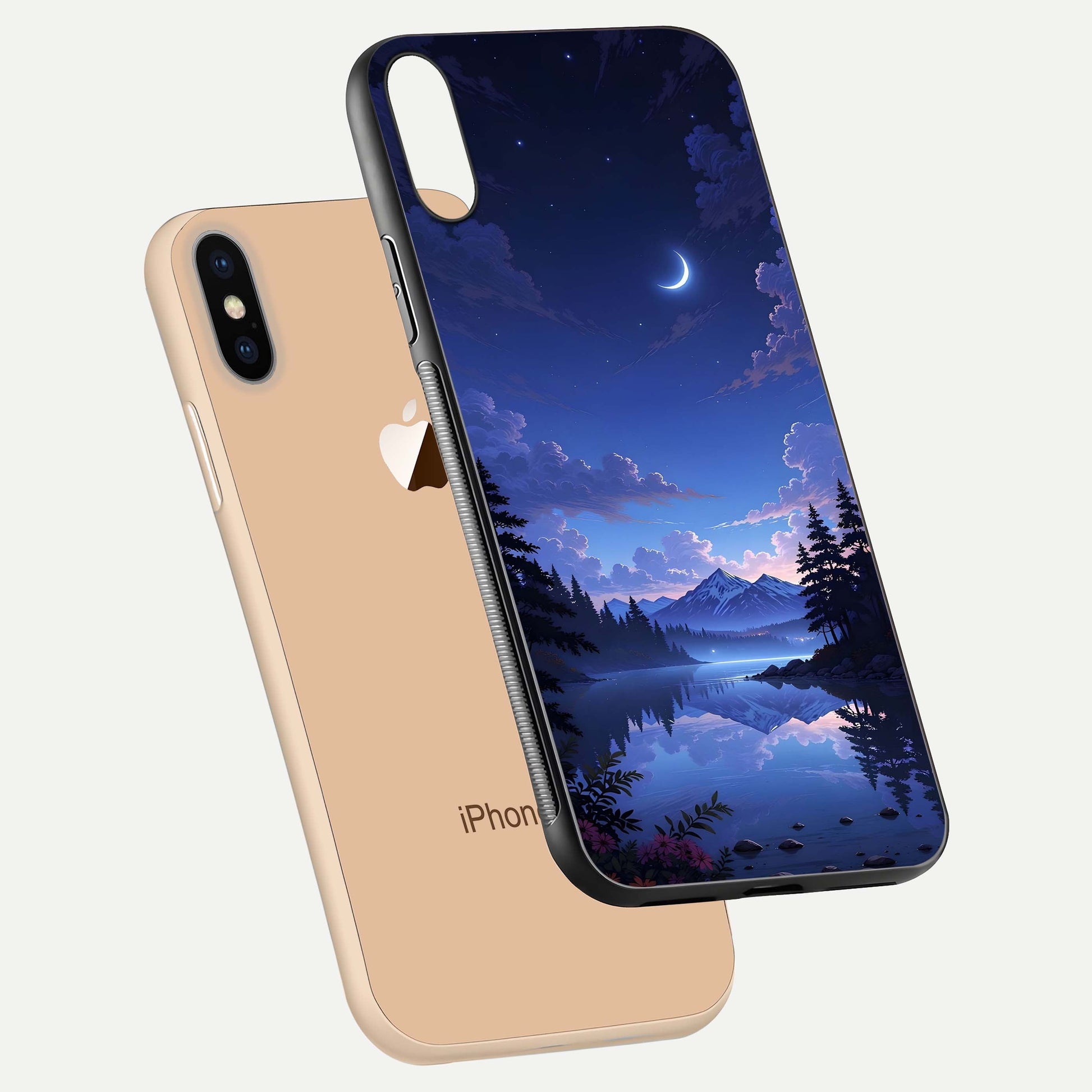 Midnight Lake Peace Glass Case for iPhone Xs Max floating dual-view mockup showing gloss finish and peaceful art