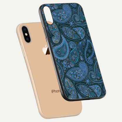 Midnight Paisley Glow Glass Case for iPhone Xs Max floating dual-view mockup showing HD gloss and rich pattern