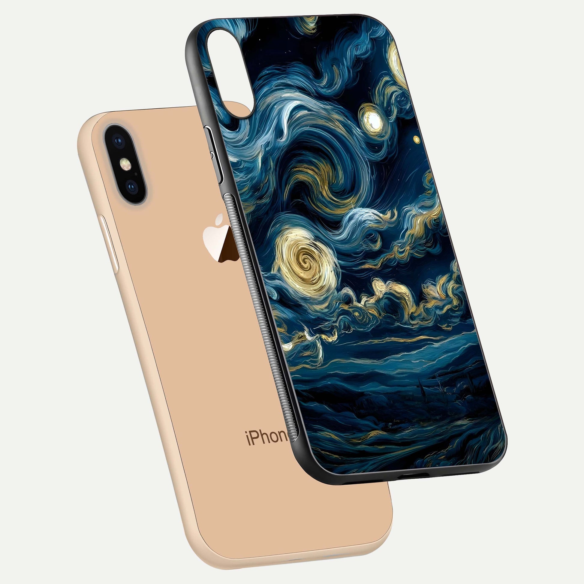 Midnight Sky Whirl Glass Case for iPhone Xs Max floating dual-view mockup showing gloss texture and shine