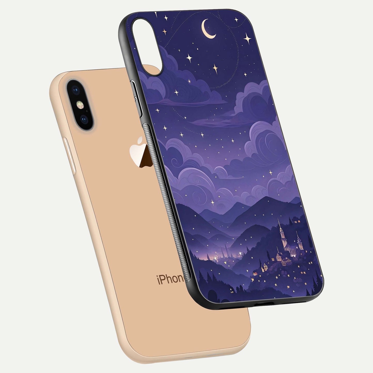 Minimal Night View Glass Case for iPhone Xs Max floating dual-view mockup showing HD gloss and clean lines