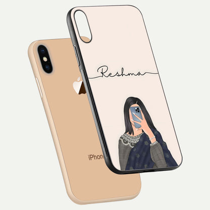 Mirror Mood Muse Custom Name Glass Case for iPhone Xs Max floating dual-view mockup showing reflection and luxury style
