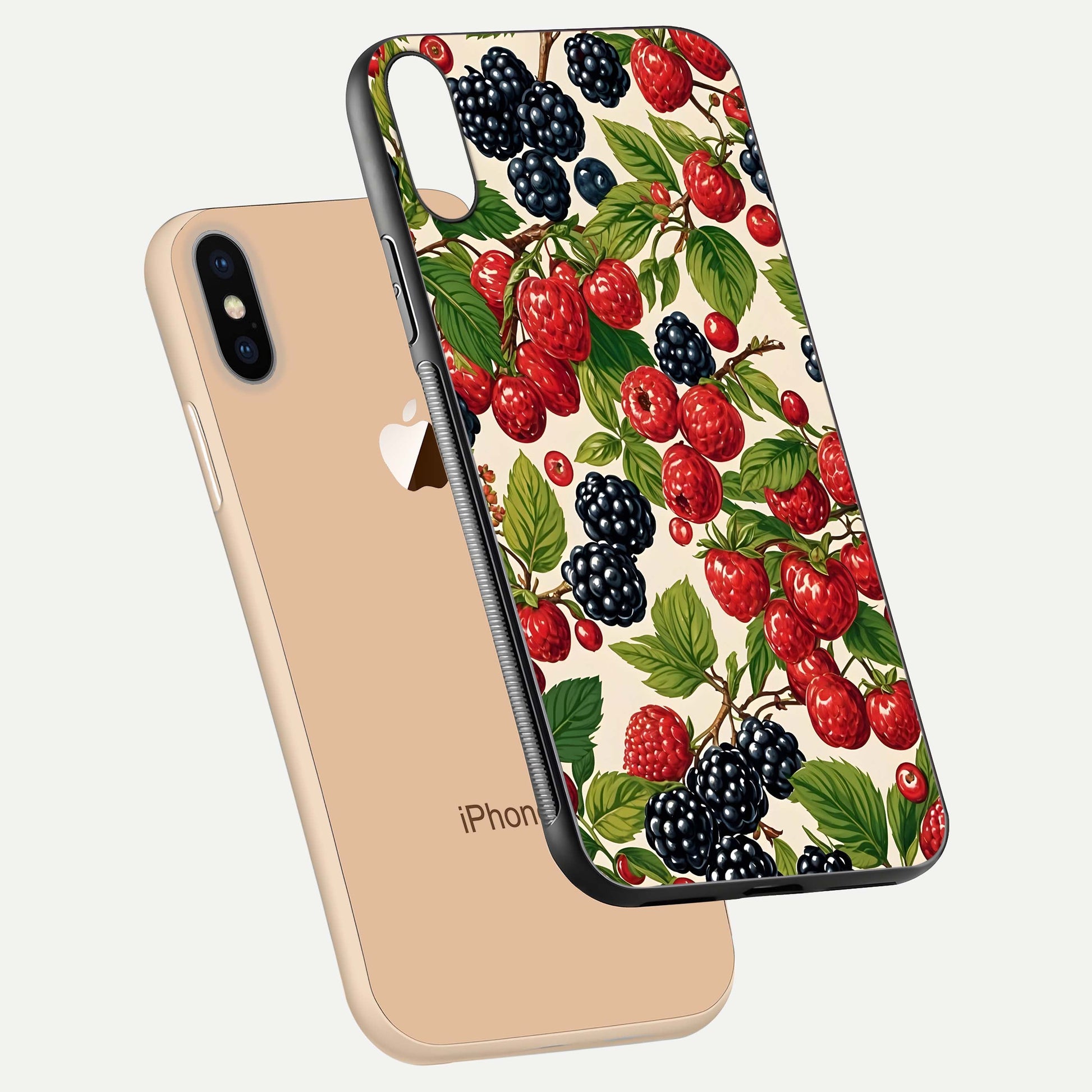 Mixed Berry Collage Glass Case for iPhone Xs Max floating dual-view mockup showing gloss depth and vibrant design
