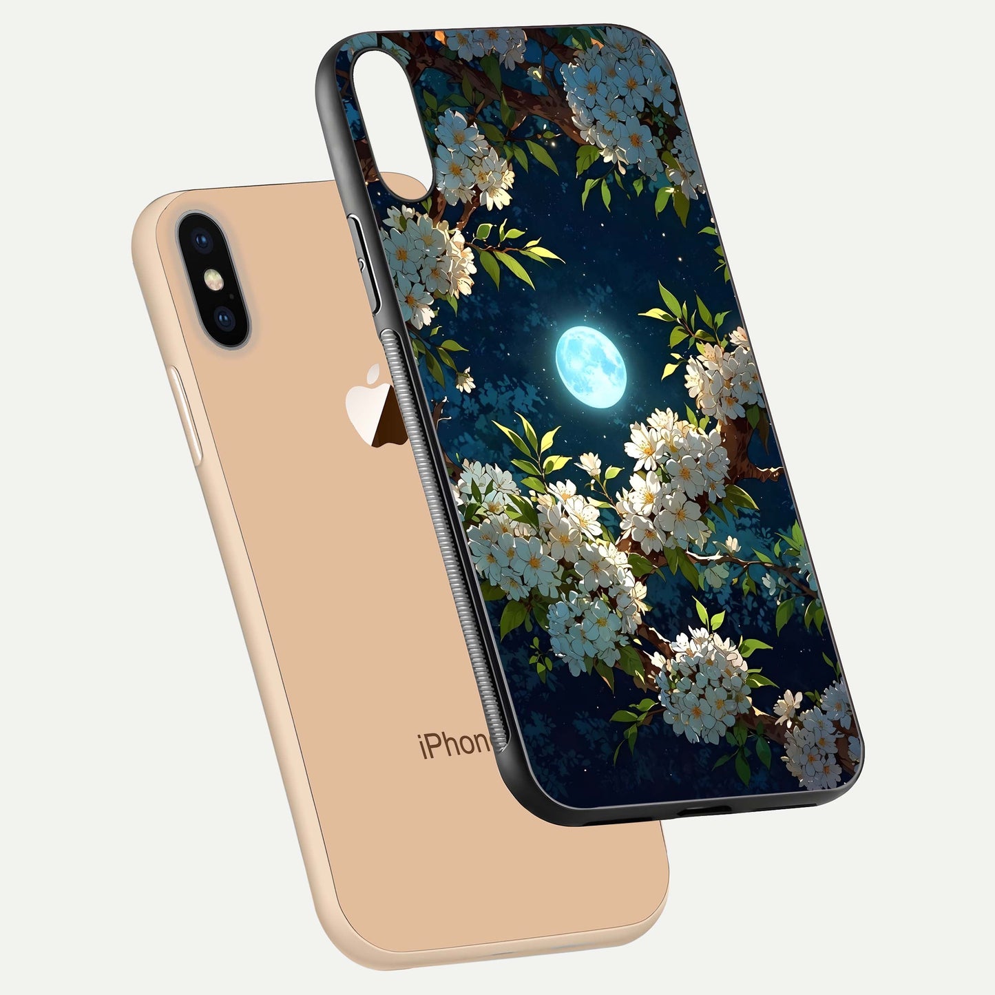 Moonlit Blossom Dream Glass Case for iPhone Xs Max floating dual-view mockup showing gloss texture and floral tone