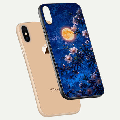 Moonlit Blossoms Night Glass Case for iPhone Xs Max floating dual-view mockup showing HD gloss and floral contrast