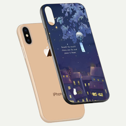 Moonlit Cat Silence Glass Case for iPhone Xs Max floating dual-view mockup showing gloss reflection and moon art