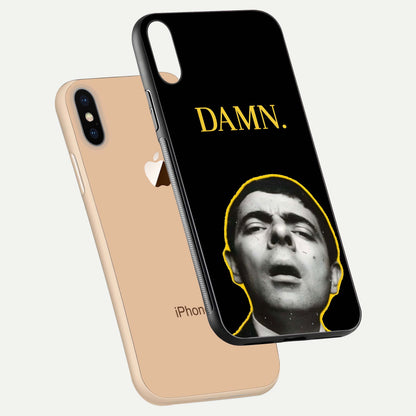 Mr Bean Damn Glass Case for iPhone Xs Max floating dual-view mockup showing reflective gloss and vivid tones