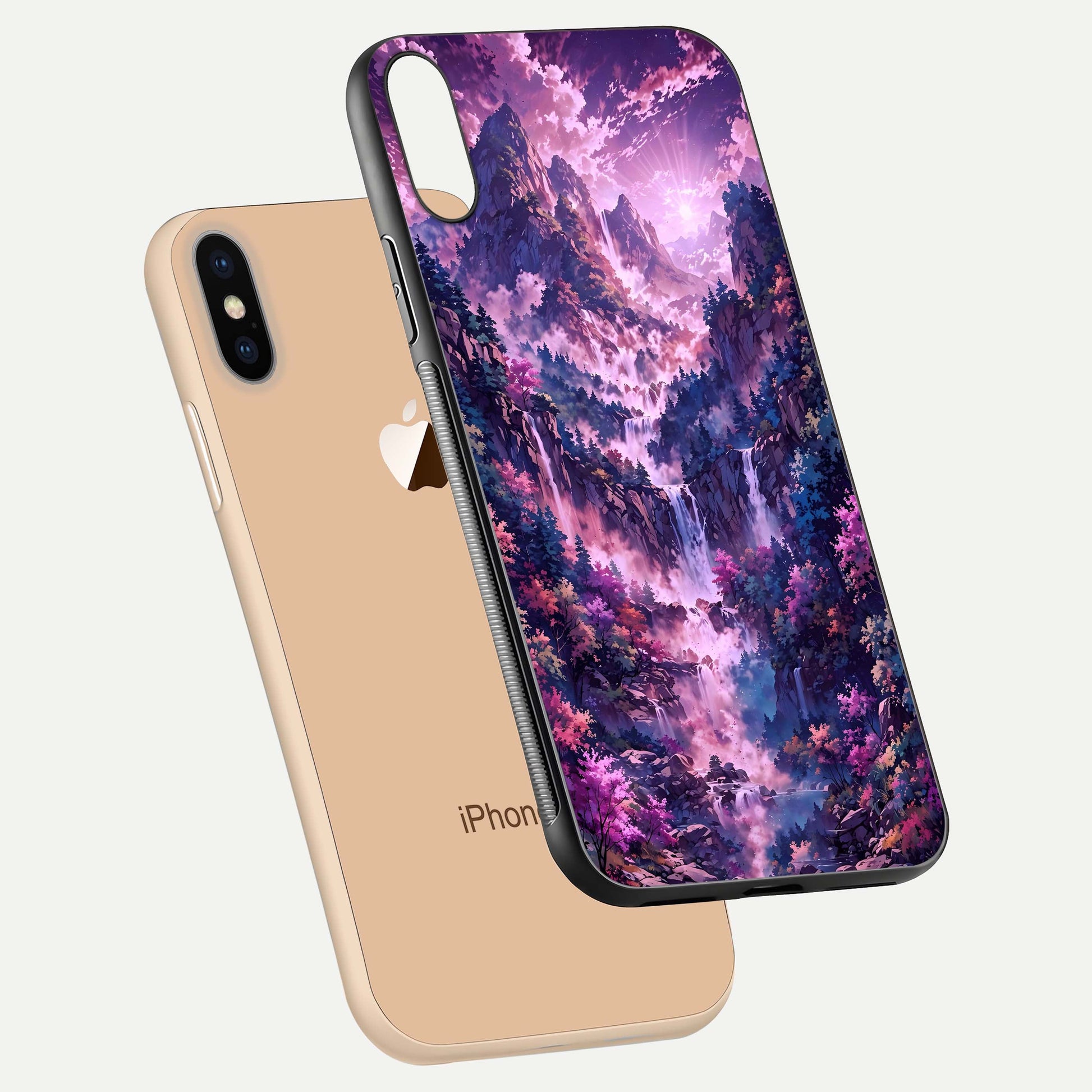 Mystic Cascade Peaks Glass Case for iPhone Xs Max floating dual-view mockup showing gloss texture and depth