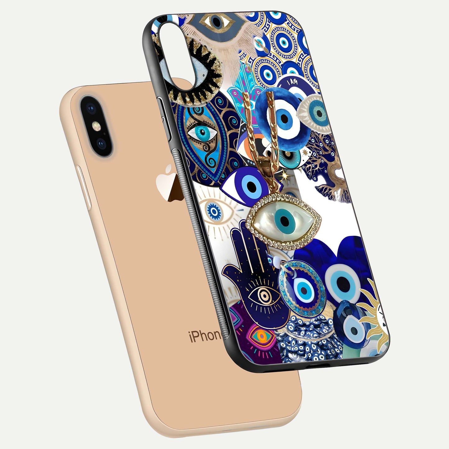 Mystic Charm Eye Glass Case for iPhone Xs Max floating dual-view mockup showing gloss glow and charm symbol