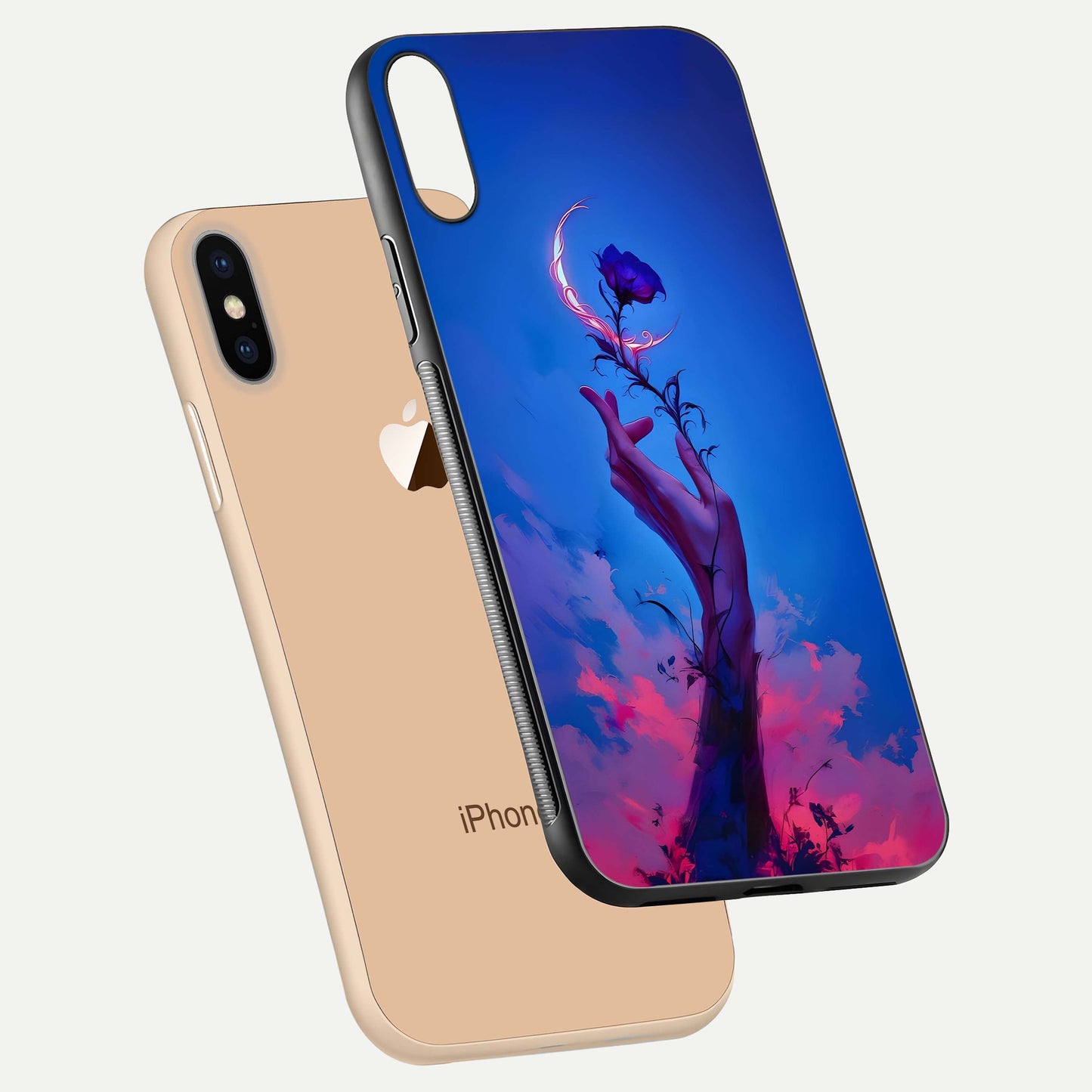 Mystic Hand Glass Case for iPhone Xs Max floating dual-view mockup showing HD shine and fine palm detail