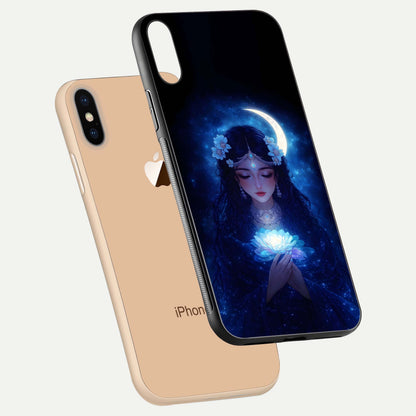 Mystic Moon Queen Glass Case for iPhone Xs Max floating dual-view mockup showing HD gloss and cosmic glow