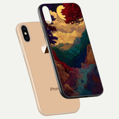Mystic Valley Light Glass Case for iPhone Xs Max floating dual-view mockup showing HD gloss and light blend