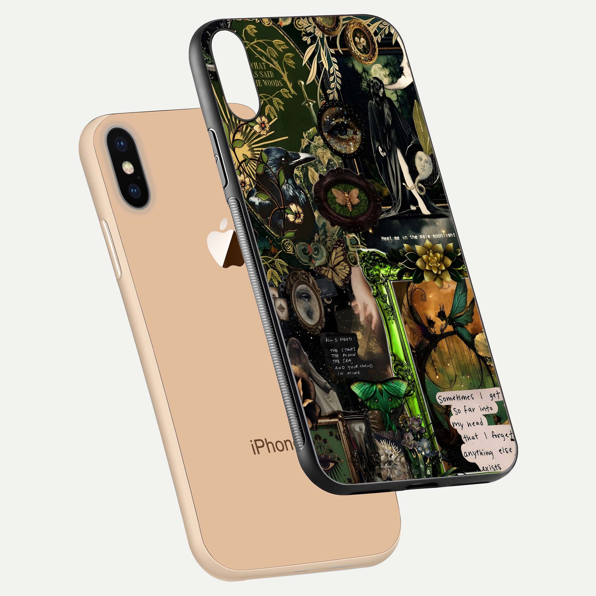 Mystic Woods Secret Glass Case for iPhone Xs Max floating dual-view mockup showing HD shine and depth