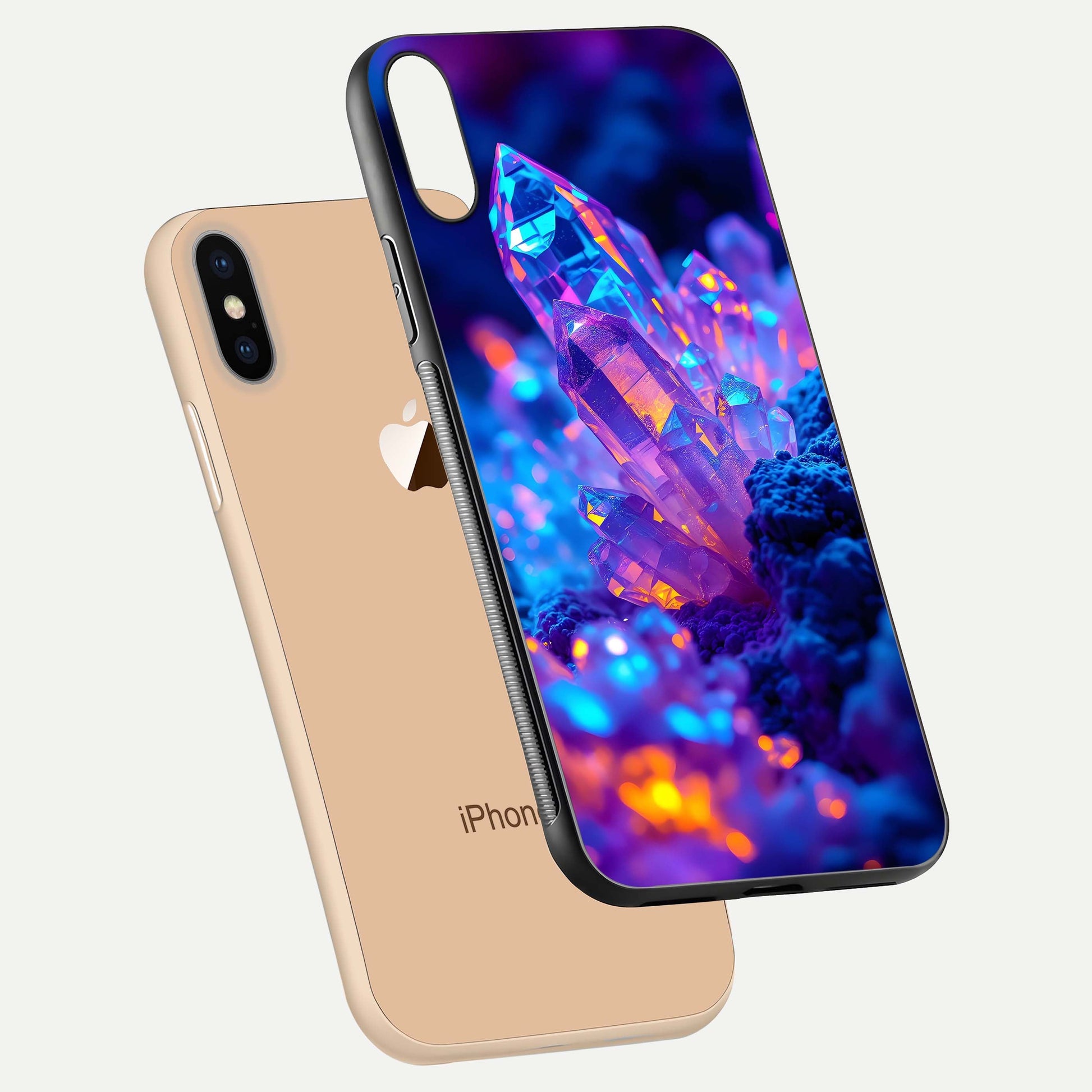 Neon Aura Shards Glass Case for iPhone Xs Max floating dual-view mockup showing HD shine and shard texture