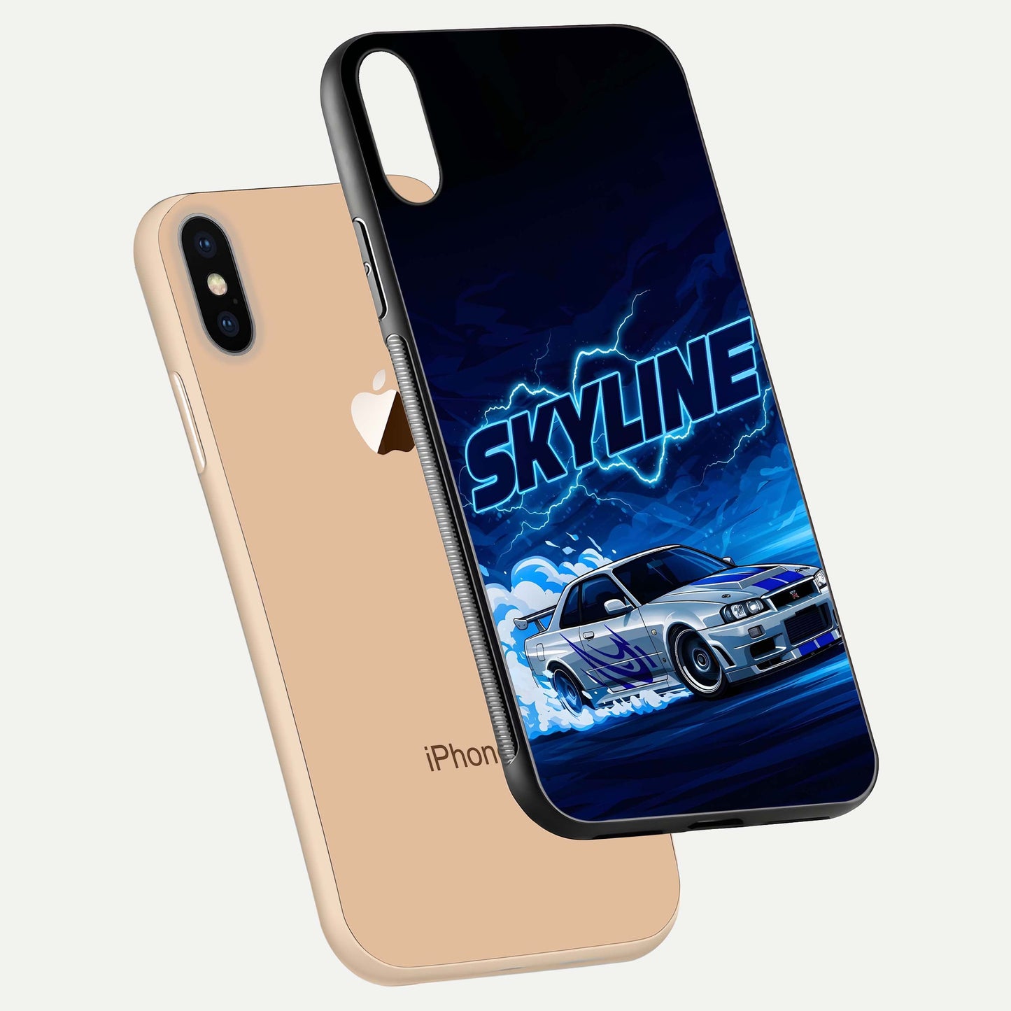 Neon Drift Beast Glass Case for iPhone Xs Max floating dual-view mockup showing gloss texture and motion glow