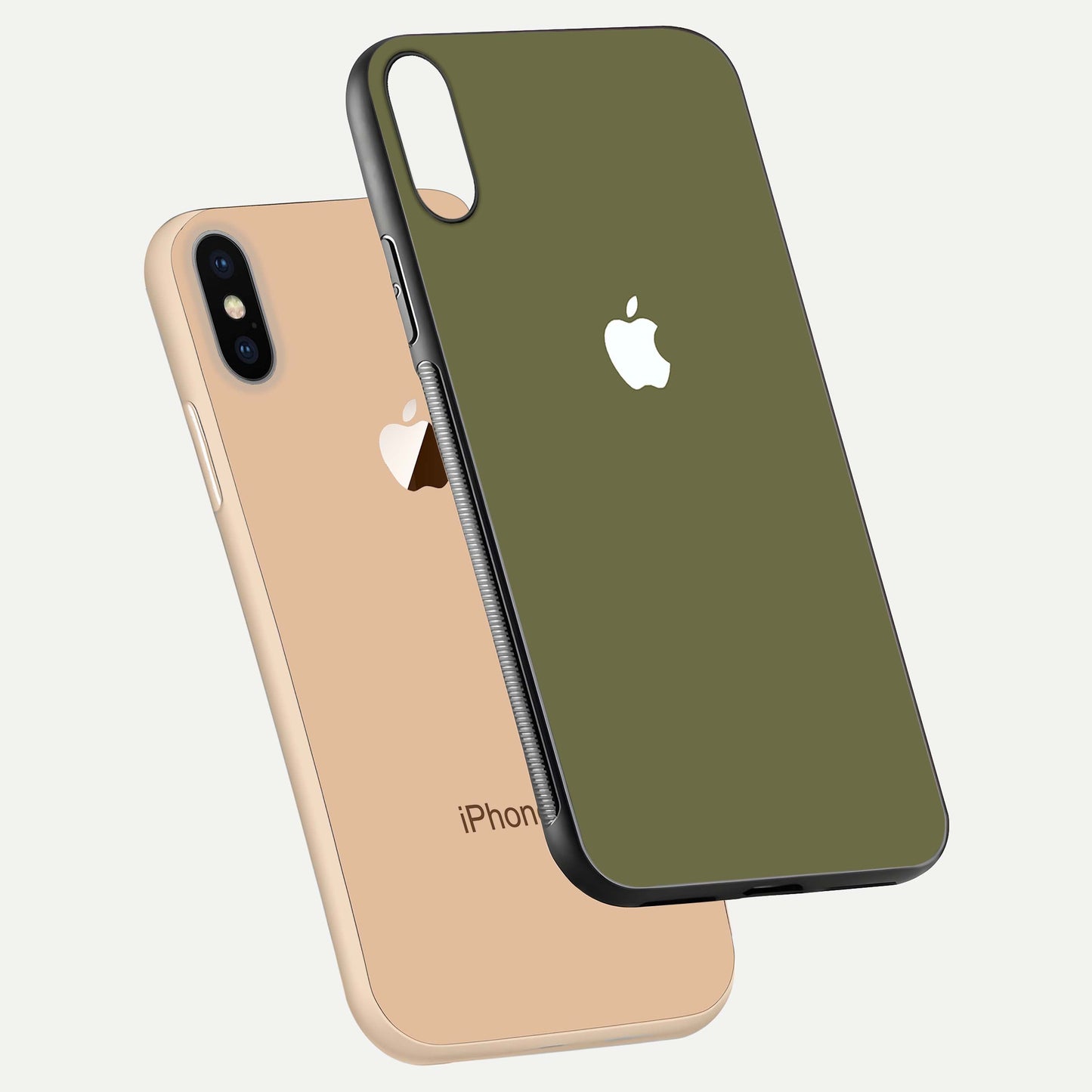 Olive Matte Essence Glass Case for iPhone Xs Max floating dual-view mockup showing matte gloss and depth