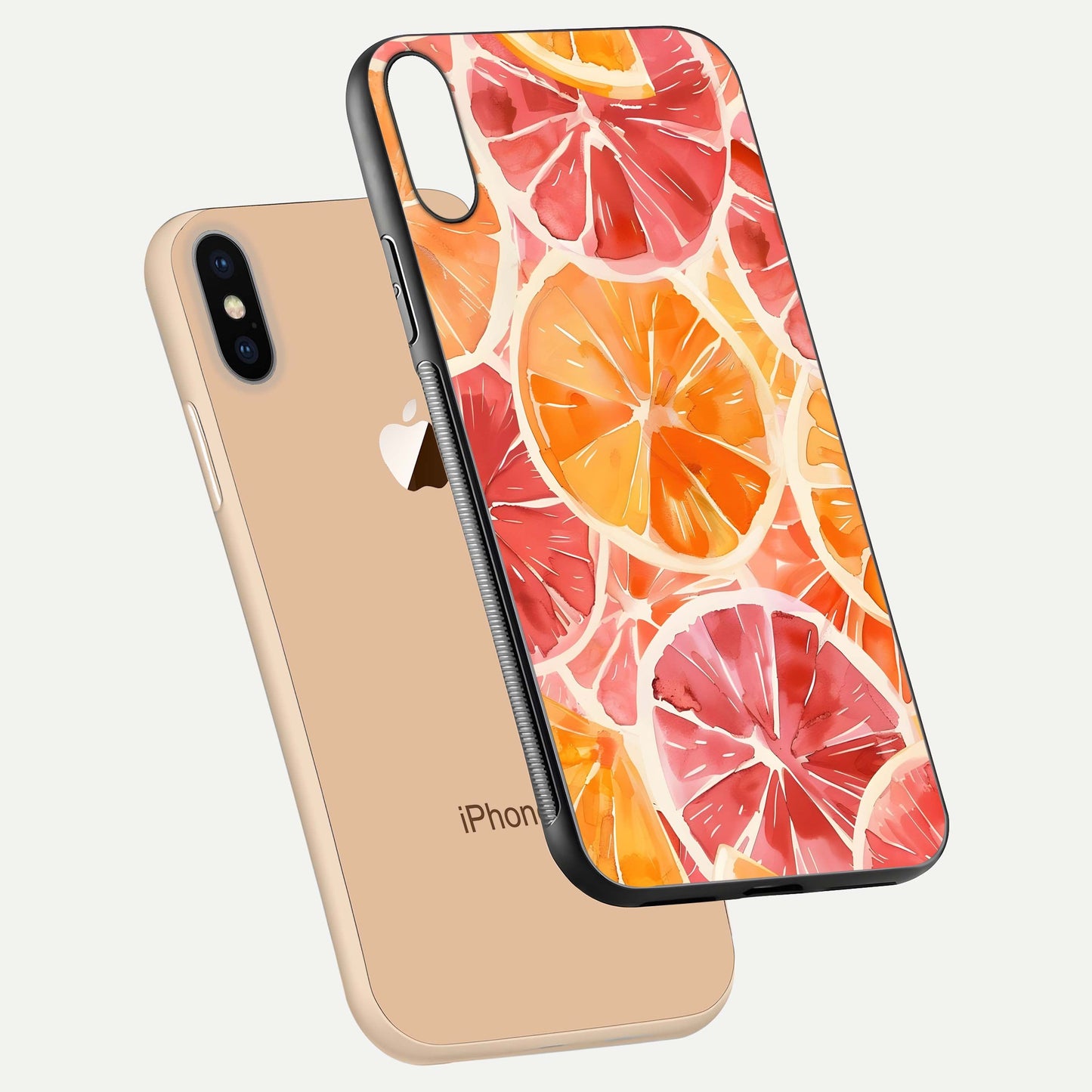 Orange Fruits Pattern Glass Case for iPhone Xs Max floating dual-view mockup showing gloss reflection and HD tone
