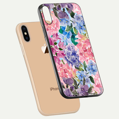 Pastel Floral Mix Glass Case for iPhone Xs Max floating dual-view mockup showing HD gloss and floral texture