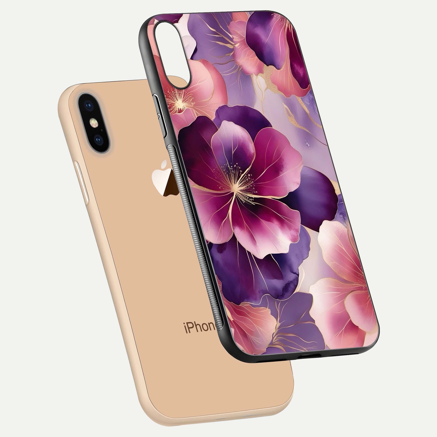 Pink Bouquet Florals Glass Case for iPhone Xs Max floating dual-view mockup showing gloss surface and color depth