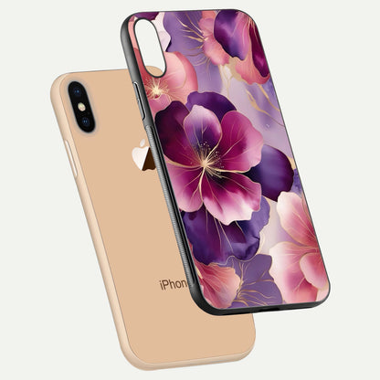 Pink Bouquet Florals Glass Case for iPhone Xs Max floating dual-view mockup showing gloss surface and color depth