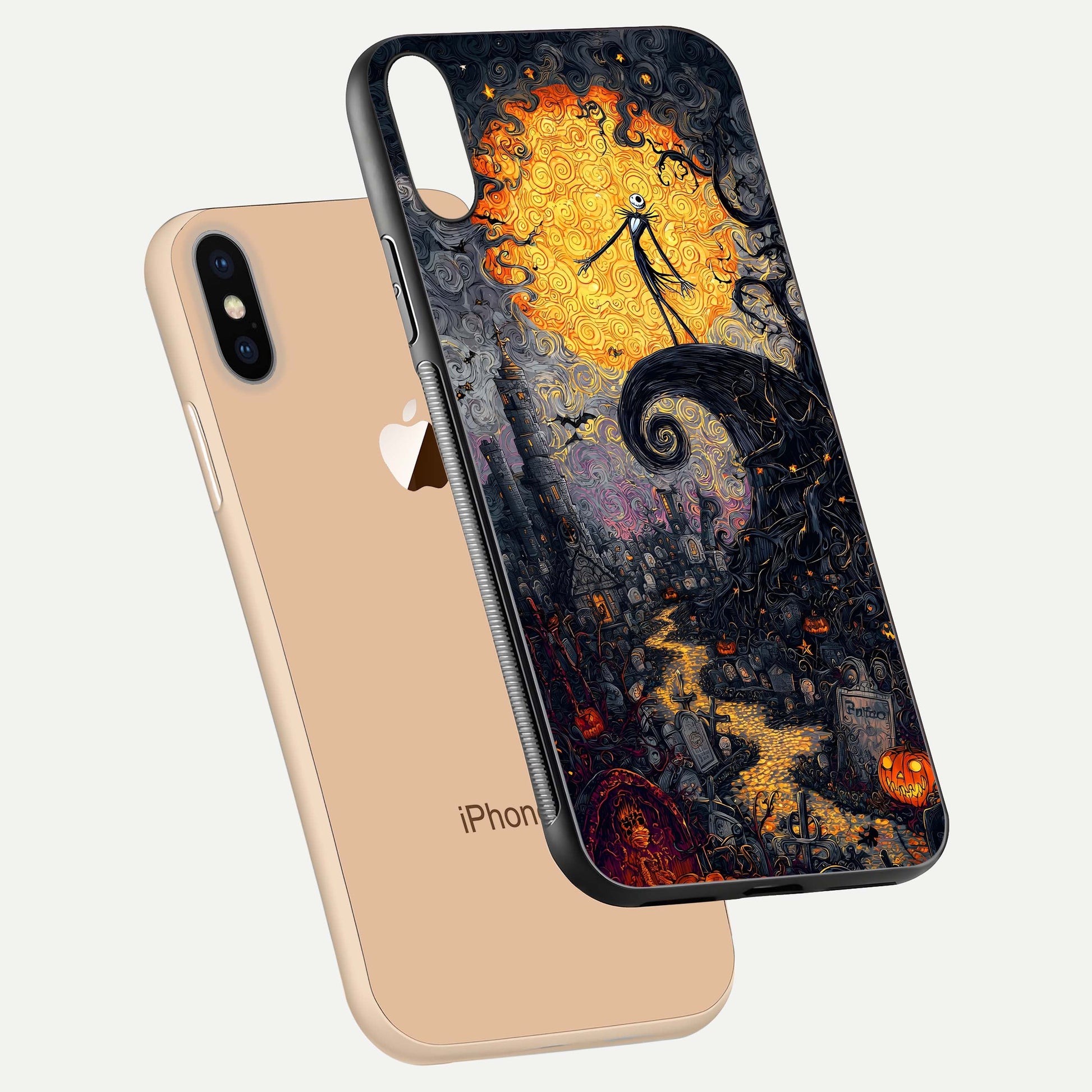 Pumpkin Moon Night Glass Case for iPhone Xs Max floating dual-view mockup showing HD gloss and spooky detail