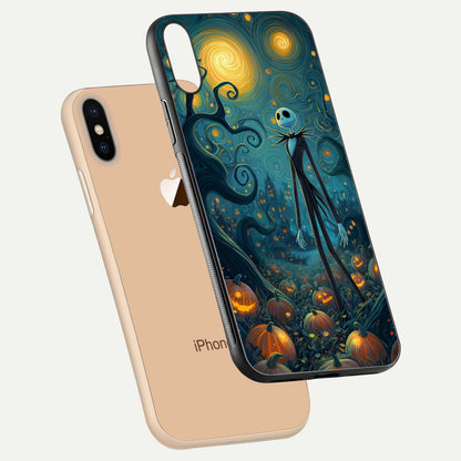 Pumpkin Moonlight Tale Glass Case for iPhone Xs Max floating dual-view mockup showing HD gloss and eerie design