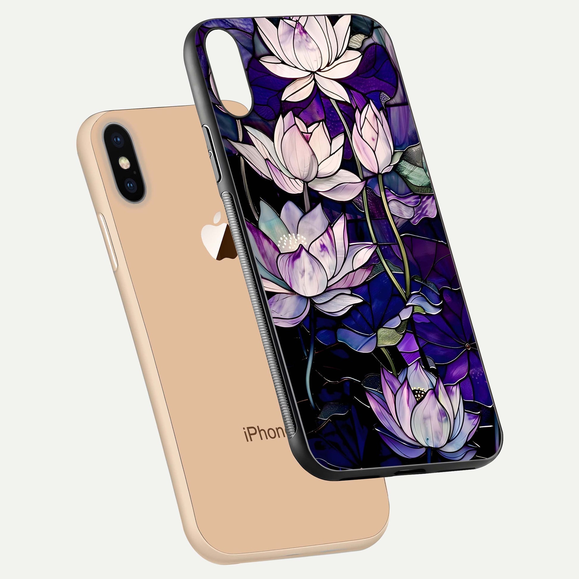 Purple Lotus Pattern Glass Case for iPhone Xs Max floating dual-view mockup showing glass shine and vivid purple hue