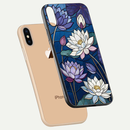 Purple Lotus Stained Glass Case for iPhone Xs Max floating dual-view mockup displaying color depth and glass clarity