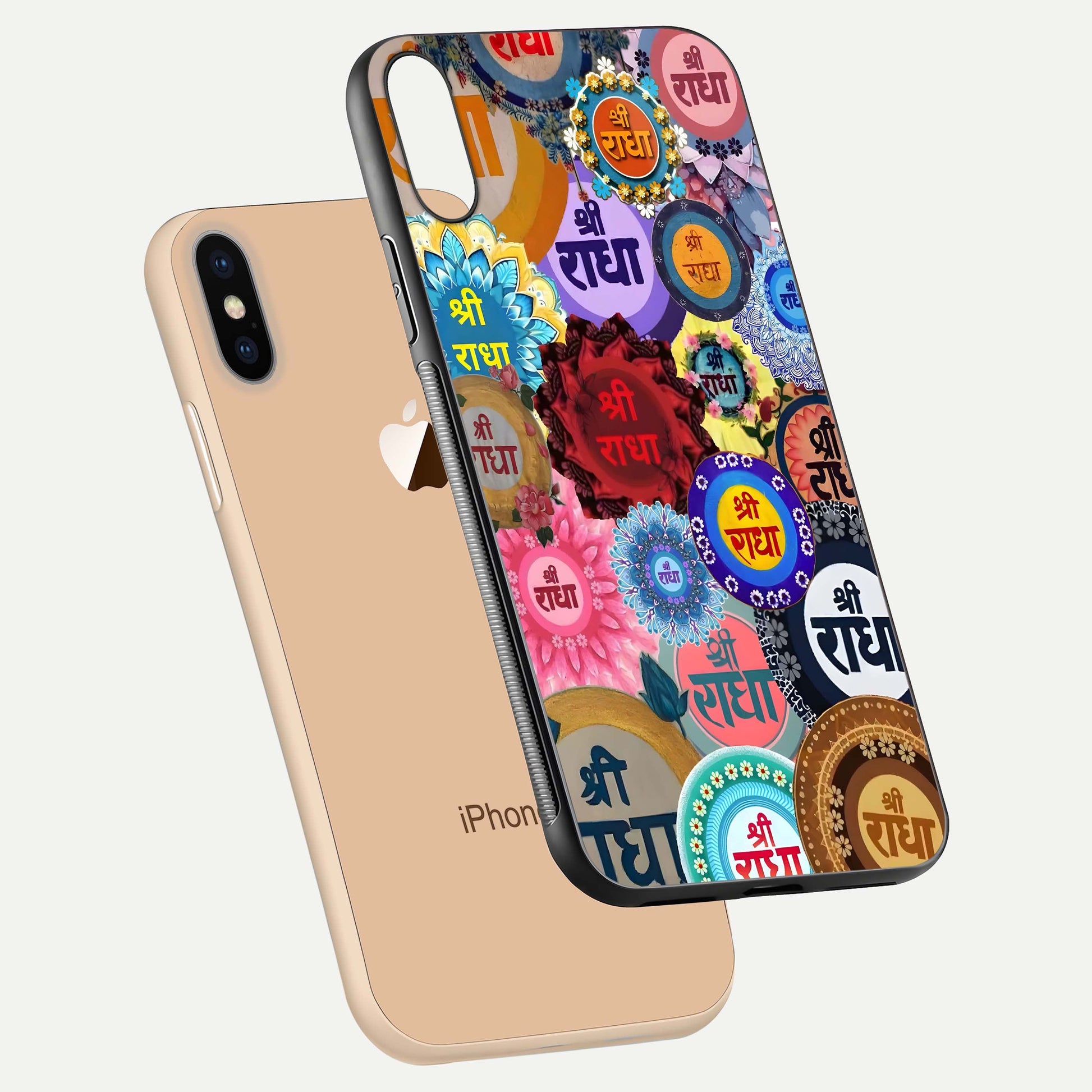Radha Divine Bloom Glass Case for iPhone Xs Max floating dual-view mockup showing gloss depth and HD art