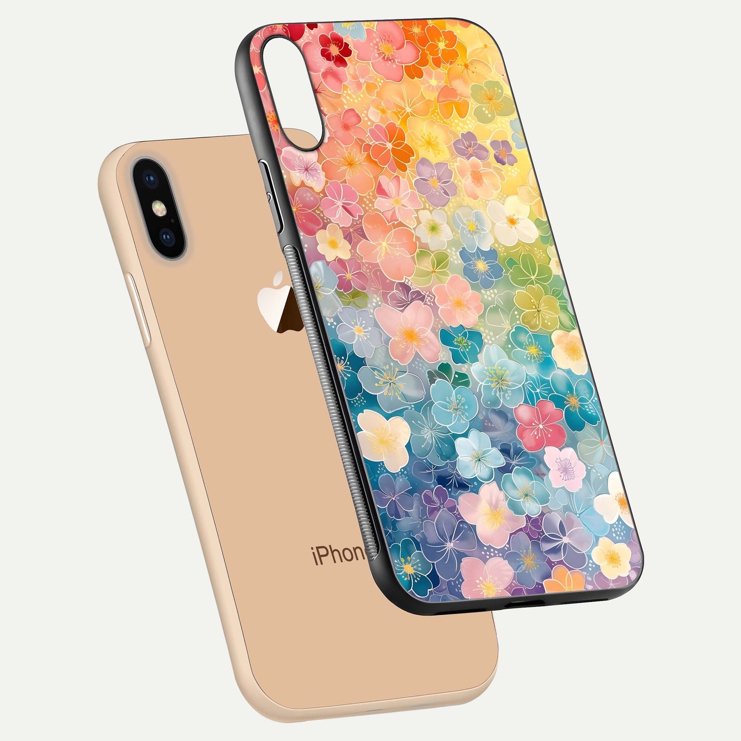 Rainbow Blossom Burst Glass Case for iPhone Xs Max floating dual-view mockup displaying gloss and gradient pattern